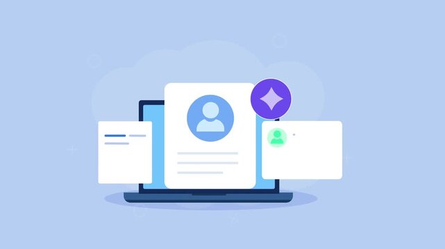 Flat vector animation showing a laptop with candidate profiles, personal information, and an AI icon for automated resume screening and recruitment management.
