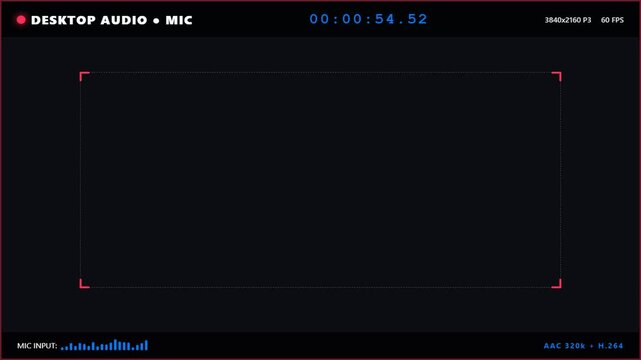 Screen recording software interface with digital timecode and audio meters