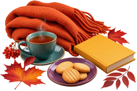 Cozy autumn composition featuring steaming tea in turquoise mug, orange knit scarf, yellow book, cookies, and maple leaves, isolated on transparent background.