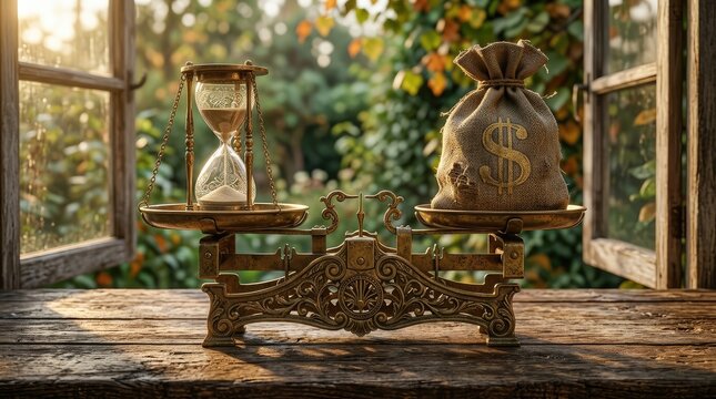Antique balance scale comparing hourglass