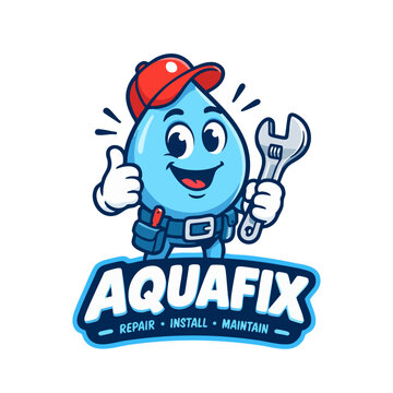 Plumbing service mascot logo featuring a happy water drop character