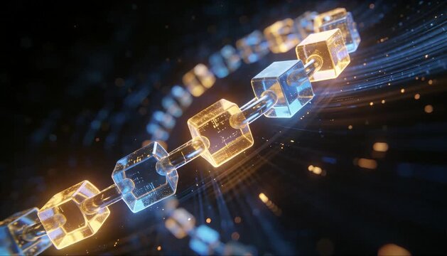 A chain of glowing translucent blocks linking together, data flowing through them, warm gold and cool blue lighting, dark void background