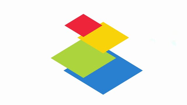 Colorful isometric layered pyramid infographic animation with bright red, yellow, green, and blue geometric steps isolated on a white background.