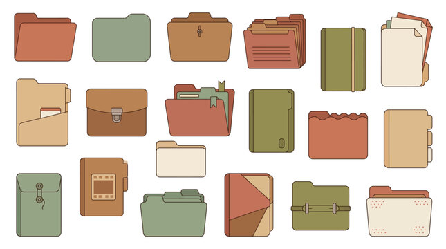 Set of various office folders and document organizers in flat vector style.