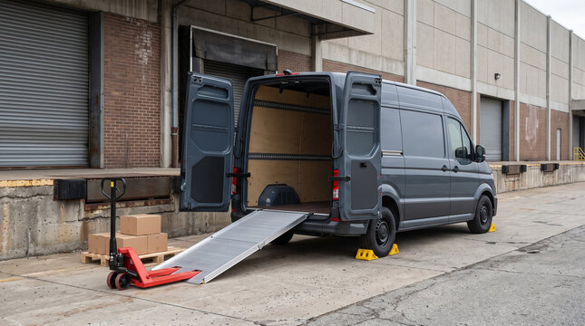 Electric delivery van at loading dock