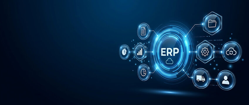 Enterprise Resource Planning ERP software concept on futuristic digital interface with business management icons including logistics finance and human resources on dark blue background