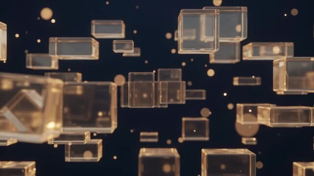 Transparent glass cubes with golden edges floating and rotating slowly in dark space abstract background