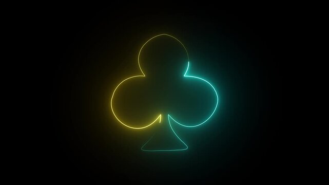 Neon club playing card suit symbol glowing animation on black background
