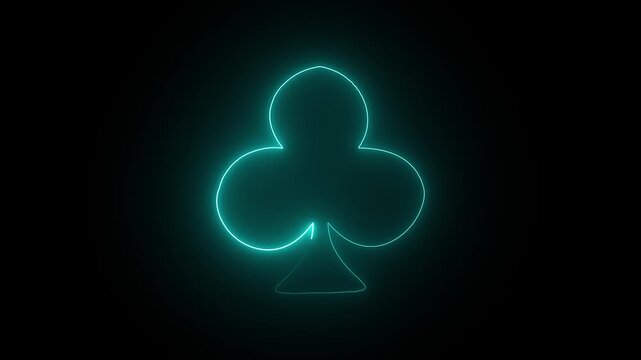 Glowing neon club suit symbol animation on black background, for casino and, gambling themes, playing cards