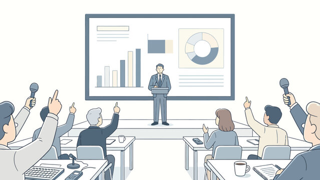 Corporate Conference: Presenter at Podium with Charts, Audience Asking Questions