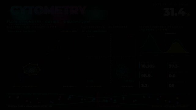 Cytometry data visualization and gating analysis animation with scientific scatter plots for medical research and laboratory reports.