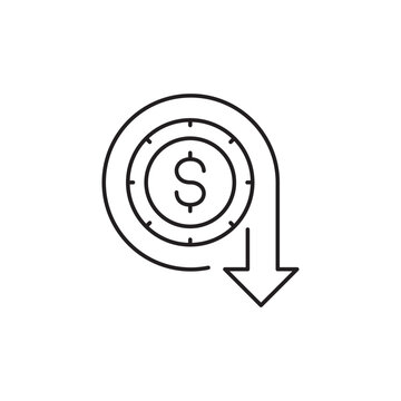 Dollar coin with downward arrow icon vector for financial management investment loss money decline cost reduction budget planning expense control economic crisis recession