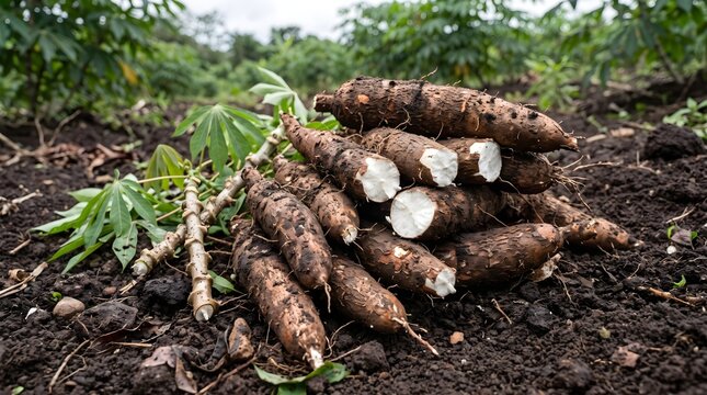Freshly harvested cassava roots resting on farm soil with visible roots and traces of earth. The image represents tropical staple crops, root harvesting, rural agriculture, food security.