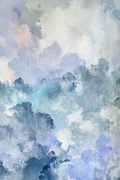 Abstract oil painting with thick brushstrokes creating dreamy clouds in blue, grey, and light pink hues, forming a tranquil background