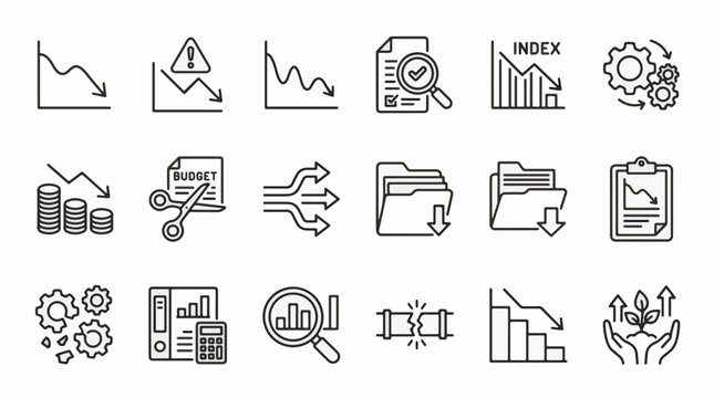 Business crisis and performance line icon set featuring declining financial charts, budget cuts, economic recession symbols, broken gears, audit documents, and recovery growth graphics.