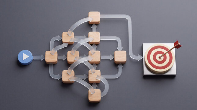 Business Process Automation Concept with Wooden Blocks and Translucent Arrows Leading from a Start Button to a Target Bullseye Representing Success, Logic Workflow, and Strategic Planning