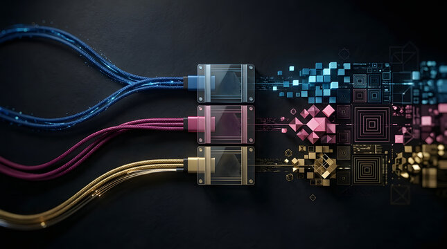 Top view flat lay of futuristic high-tech data cables in blue pink and gold colors transferring digital information represented by glowing geometric cubes and particles on a dark background