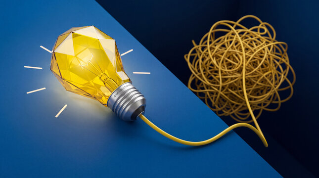 Glowing yellow faceted light bulb representing innovation and creative thinking connected to a tangled mess of wire symbolizing a complex problem and the process of finding a simple solution.