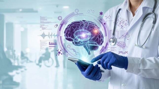 Medical professional examining brain scan hologram on smartphone screen representing neurology research, neural network analysis and cognitive science technology concept for