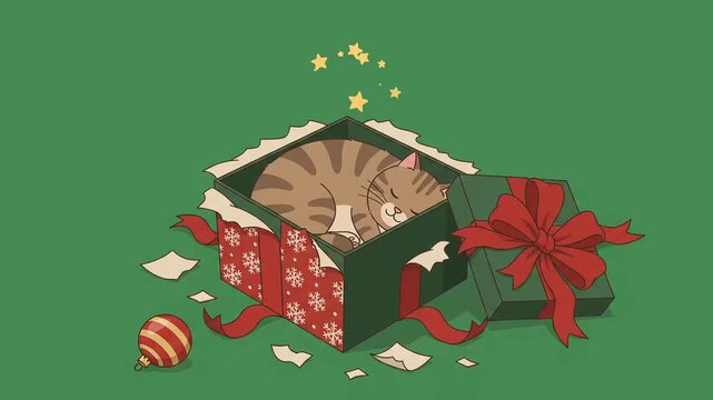 Animated video of a cute tabby cat sleeping inside a festive holiday gift box featuring a red ribbon and floating stars against a chroma key green screen background.