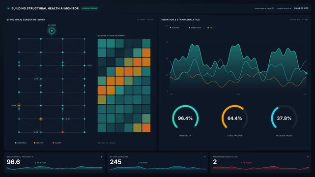 Structural health ai monitor dashboard with building sensor network, strain heatmap vibration graphs, for predictive maintenance, safety risk detection in 4k
