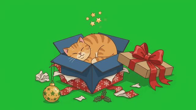 Animated cute ginger tabby cat sleeping peacefully inside a blue holiday present box with red bow and glowing festive stars on chroma key green screen background.