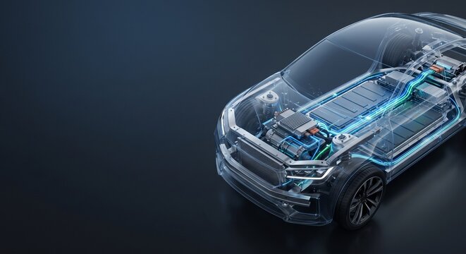 Electric vehicle transparent chassis showing battery pack drivetrain energy flow future technology