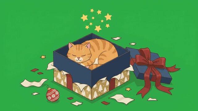 Charming animated ginger cat sleeping inside festive holiday gift box with Christmas decorations on seamless green screen background for professional video editing.