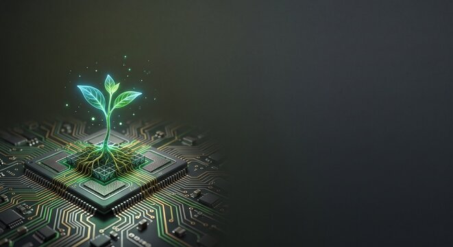 green technology digital transformation glowing plant growing on microchip circuit board background representing sustainable innovation green energy and esg concept with copy space
