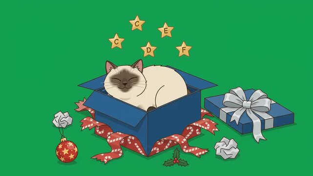 Charming animated cat sleeping inside a blue gift box with floating alphabet stars on a green screen background for festive holiday greeting video editing projects.