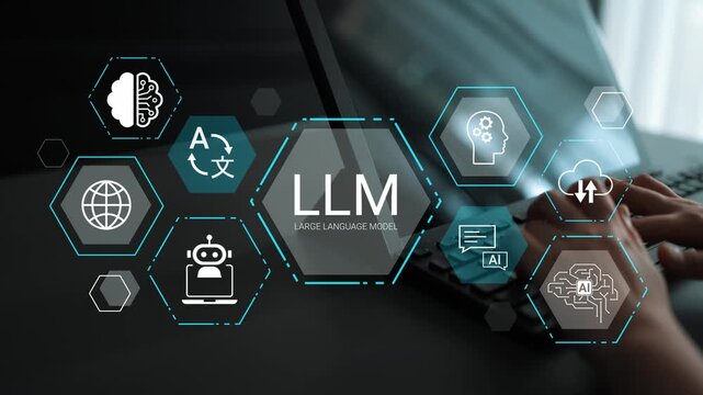 Abstract representation of Large Language Model with technology icons and human interaction on digital workspace, showcasing AI innovations and data analysis tools Gluon.