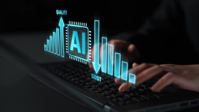 Futuristic Concept of Artificial Intelligence Impacting Quality and Cost on a Laptop Keyboard with Data Visualization Graphics Sigmoid