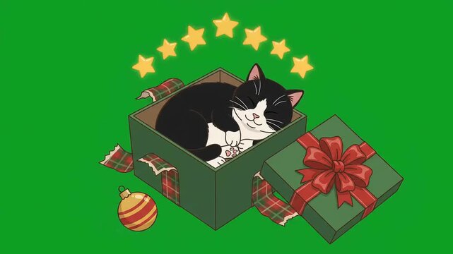 Cute black and white cat sleeping inside a green Christmas gift box with red ribbon and yellow stars animation on chroma key background for holiday greeting projects.