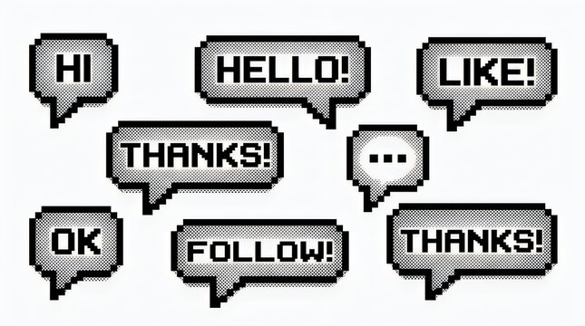 Pixel art speech bubbles with text icons like hello, thanks, follow and ok isolated on white background