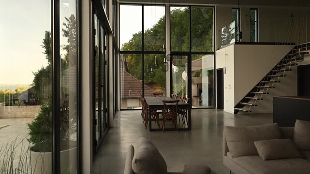 Modern luxury villa interior showing the living room, dining area, and kitchen with large panoramic windows and high ceilings