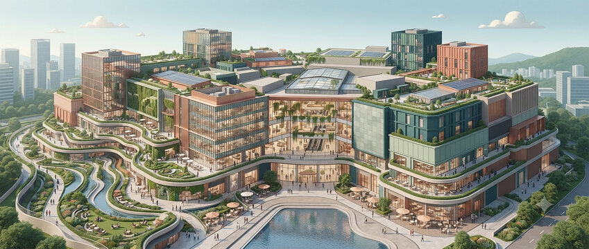 Isometric 3D Design of Modern Eco Friendly Shopping Mall and Commercial Complex