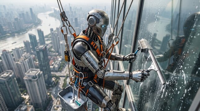 Futuristic humanoid robot wearing safety harness cleans skyscraper glass windows high above a city, showcasing AI automation in high-risk jobs.