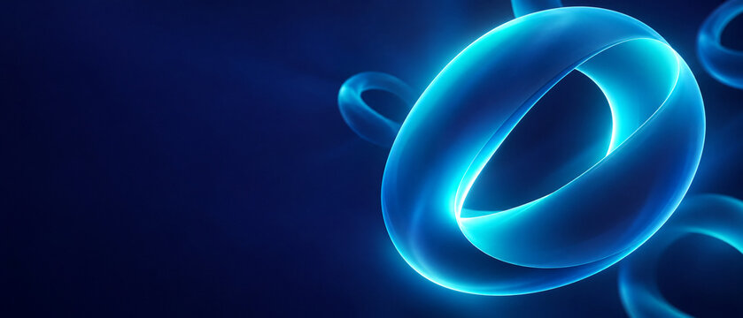 Glowing blue torus shapes floating in dark space for abstract science