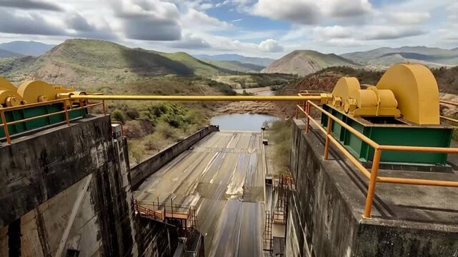 Betania Hydroelectric Dam Infrastructure and Moving Clouds in Huila, Colombia. Time Lapse. Establishing Shot.