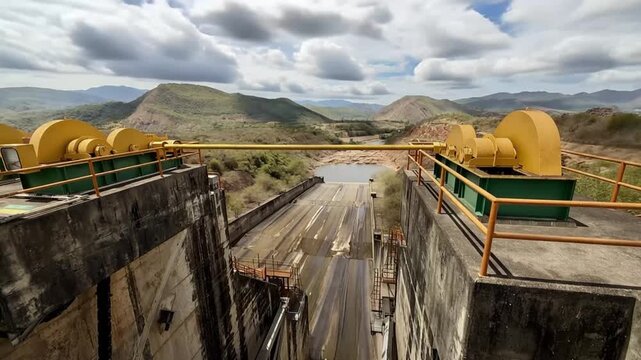 Betania Hydroelectric Dam Infrastructure and Moving Clouds in Huila, Colombia. Time Lapse. Establishing Shot.