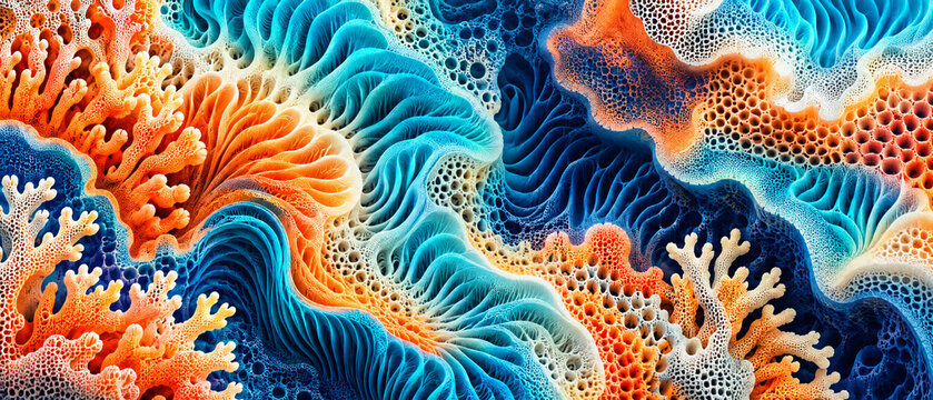 Vibrant coral reef texture with orange and blue organic patterns for