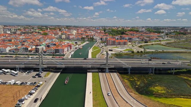 Aerial View of Aveiro Canal in Bridge, and Salt Marshes in Portugal