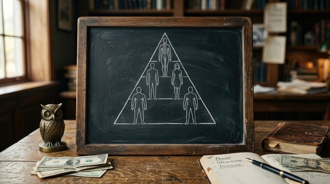 Hierarchy diagram with figures on framed chalkboard in study setting