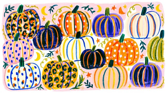 playful patterned halloween pumpkins with stars and curling vines