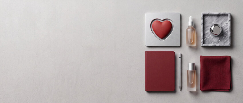 Minimalist flat lay of wellness and self-care items featuring a red heart symbol, glass cosmetic bottles, a burgundy notebook, and a silver pen on a textured gray background with copy space.
