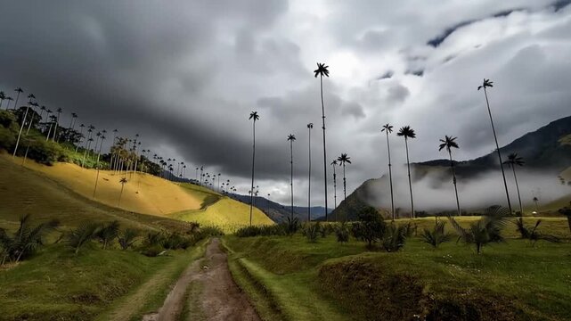 Cocora Valley Quindio Wax Palms on Andean Hillside with Moving Clouds in Salento, Colombia. Time Lapse. Establishing Shot.