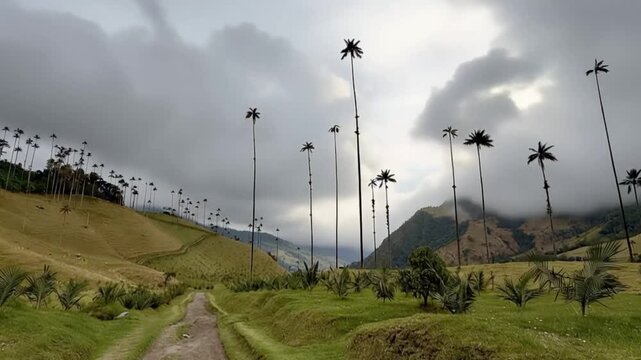 Cocora Valley Quindio Wax Palms on Andean Hillside with Moving Clouds in Salento, Colombia. Time Lapse. Establishing Shot.
