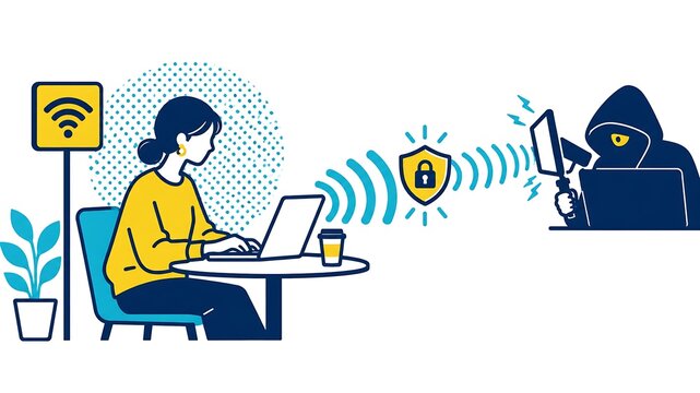 公衆Wi-Fiで通信するユーザーをハッカーが狙い通信傍受や情報漏洩を試みるサイバーセキュリティのイラスト｜Wi-Fi・ハッキング・盗聴・データ保護