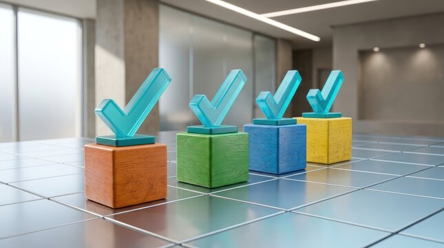 Four checkmark trophies on colored blocks in modern indoor space