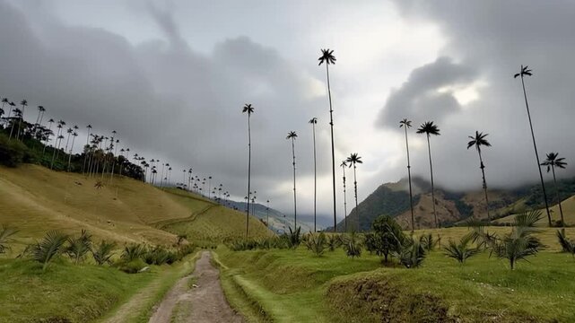 Cocora Valley Quindio Wax Palms on Andean Hillside with Moving Clouds in Salento, Colombia. Time Lapse. Establishing Shot.